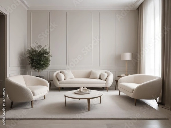 Fototapeta two frames mock up on white wall with sunlight in living room interior with gray sofa and coffee table with decor, 3d rendering