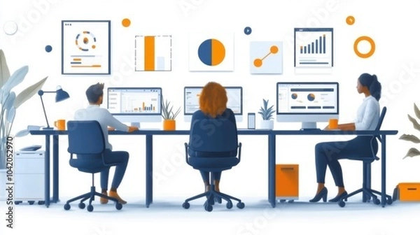 Fototapeta Team collaborating in an office with data visualizations displayed.