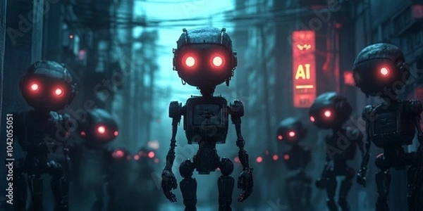 Fototapeta Digital Illustration of Robots with Glowing Red Eyes Walking in a Dark Alleyway with and Neon Signs