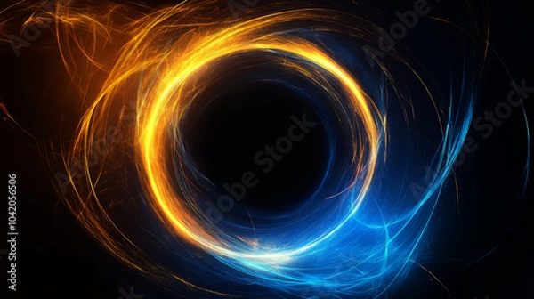 Fototapeta Abstract glowing light effect circle isolated on dark background, round sparcles and light lines in golden and blue color. Science, universe, futuristic digital technologies background.
