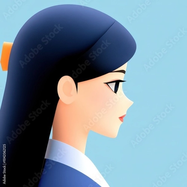 Fototapeta A graceful side profile of a young woman with long hair on a light blue background