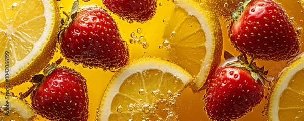 Fototapeta Refreshing Strawberry Lemonade with Bubbles