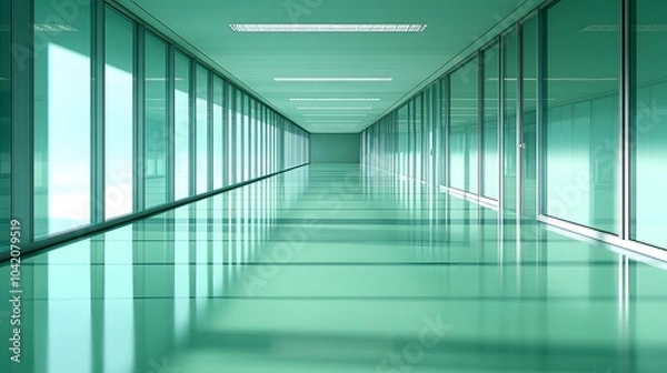 Fototapeta Professional business hall with bright lighting, polished floors, and glass partitions, 3D rendering of a modern office