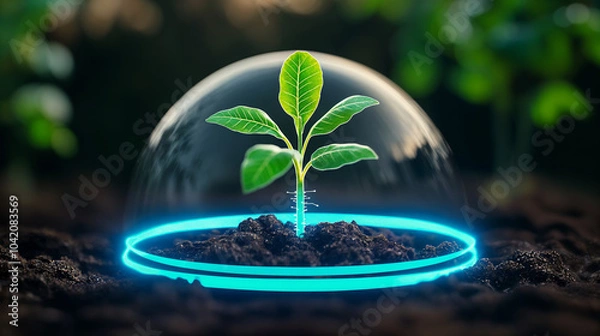 Fototapeta young plant sprouting with protective digital energy dome, generative ai