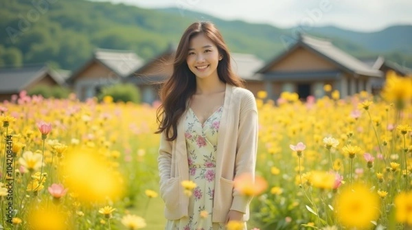 Fototapeta Image of a young woman in a field with autumn flowers blooming