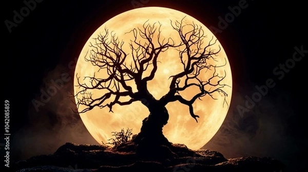 Fototapeta A Gnarled Tree Silhouette Against a Full Moon: Capturing Nature's Mystique and Ethereal Beauty