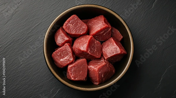 Fototapeta Bowl of fresh, raw beef cubes sits on dark slate surface, ready for cooking. vibrant red color and texture of meat are highlighted, suggesting quality and freshness