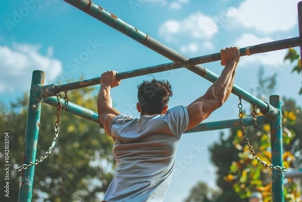 Fototapeta A person performing a high pull-up on a bar in an outdoor park.Calisthenics workout.Pull-up.Muscle-up.Push-ups.Street workout.