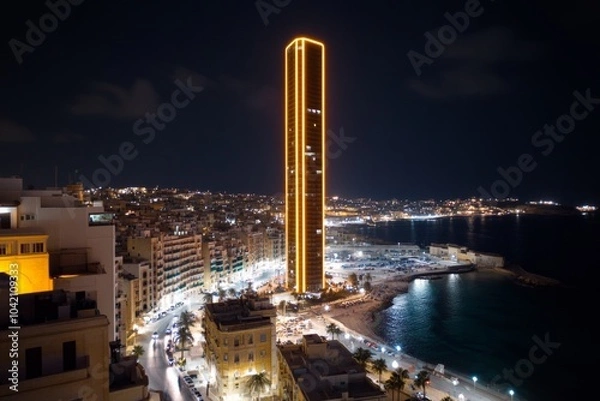 Obraz Futuristic Valletta skyline, with glowing skyscrapers rising above the ancient cityâ€™s historic buildings