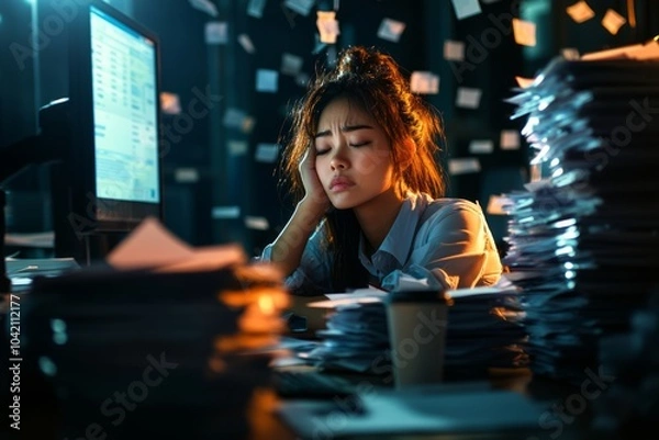 Obraz Exhausted Businesswoman in a Chaotic Workspace