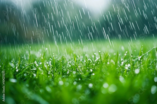 Obraz Green grass in heavy rain with blurred background
