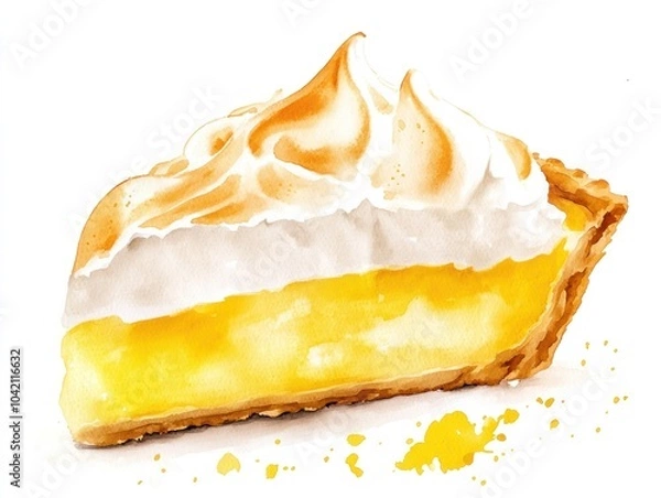 Fototapeta A watercolor slice of lemon meringue pie, with golden crust and fluffy meringue peaks, soft yellow tones popping against a clean white background.