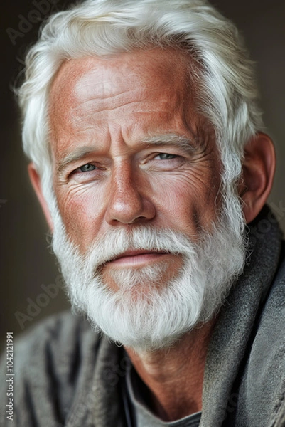 Fototapeta lderly handsome man , with white hair and beard, wearing a casual outfit , and a serious expression. He appears to be around 70 years old, looking slightly to the left with a slight smile on his face