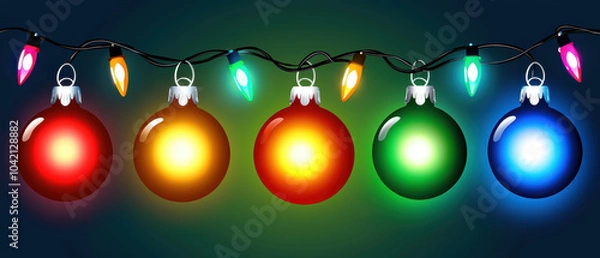 Fototapeta A vibrant display of colorful Christmas ornaments hanging alongside bright lights, creating a festive atmosphere.