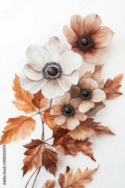 Obraz A delicate boho-inspired composition of anemones paired with dry leaves, painted in watercolor with warm autumn hues. The flowers and foliage are arranged beautifully, making this artwork perfect for