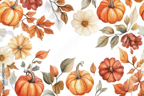 Fototapeta An enchanting watercolor depiction of assorted pumpkins, blooming flowers, and leafy foliage, artistically arranged on a clean white background. This festive illustration captures the essence of