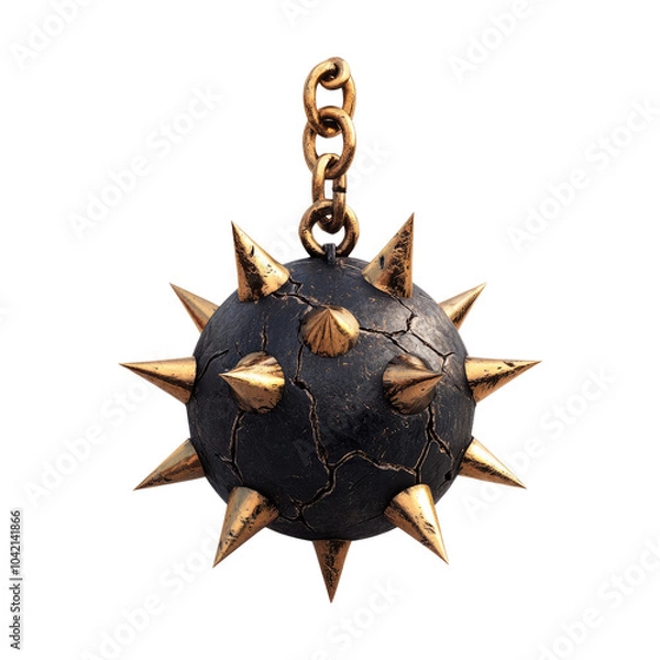 Fototapeta Metal spiked mace pendant with a chain, detailed with cracks and texture, isolated on a white background.