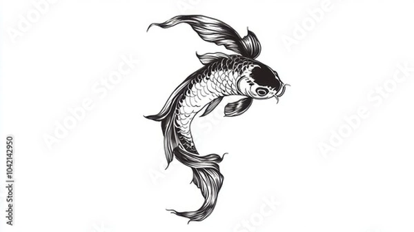 Fototapeta Detailed black line tattoo of a koi fish swimming upwards, sharp and elegant on a white background. -