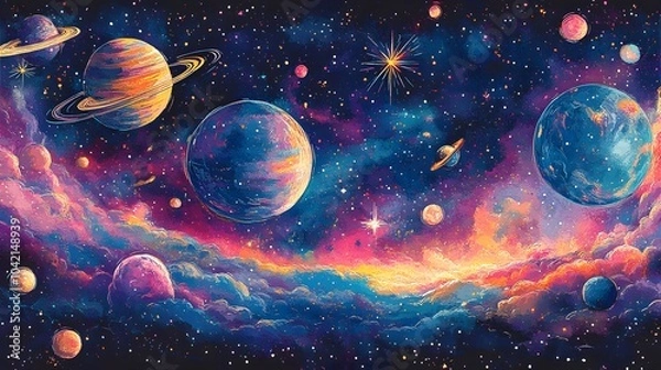Fototapeta Colorful Hand-Drawn Cosmic Scene with Planets
