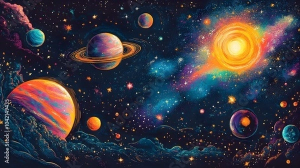 Fototapeta Hand-Drawn Cosmic Scene with Colorful Planets