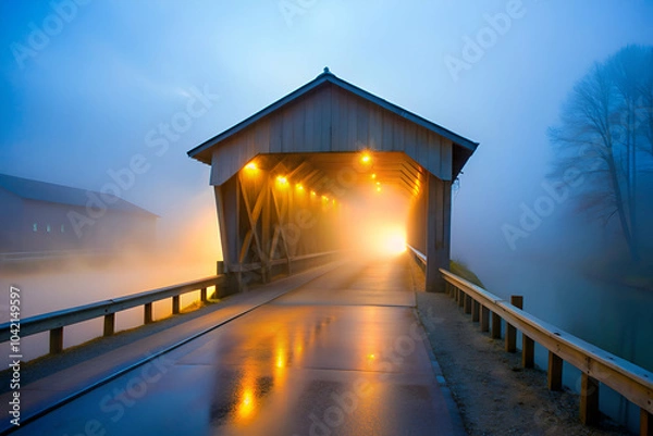 Fototapeta A serene, foggy scene of a illuminated covered bridge, enhancing the tranquil atmosphere with reflections on wet surfaces.