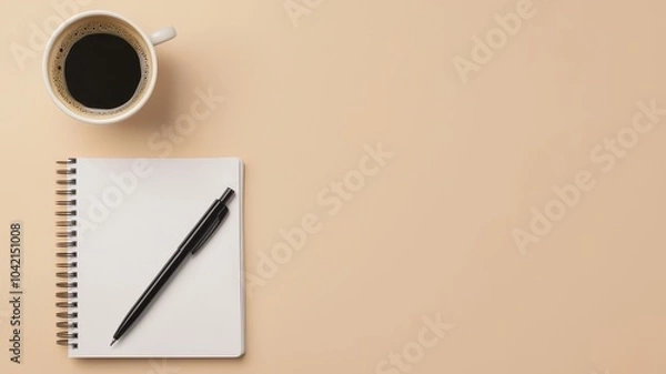Fototapeta Coffee cup, notebook, and pen on a minimalist background, perfect for planning.