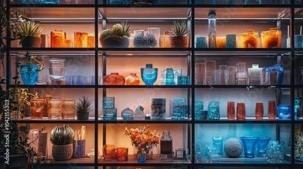 Fototapeta Illuminated glassware and plants on modern shelving