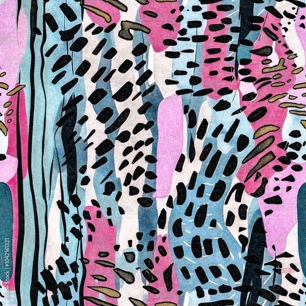 Obraz Fun girly camouflage pattern in vibrant stripes and spotted seamless design . Modern skin texture patched effect for festival and beach wear style in repeat .