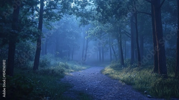 Obraz A misty forest path with soft light filtering through the trees, creating an enchanting evening mood.