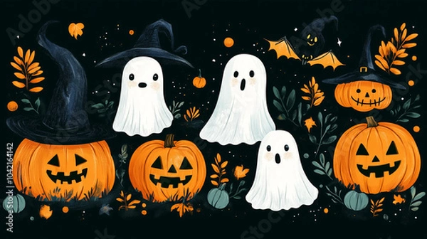 Fototapeta A vibrant green background filled with playful ghosts, pumpkins, and witches casting spells in a fun Halloween style.