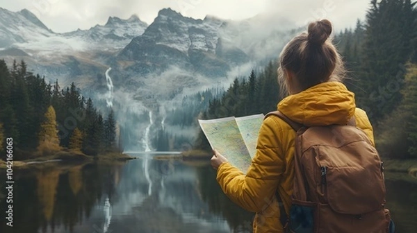 Obraz A woman in an amber jacket and backpack, looking at the map in her hand with misty mountains and forests behind her
