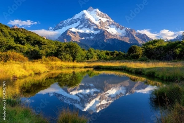 Fototapeta Simple depiction of Monte Fitz Roy reflected in a still lake, with smooth lines and soft colors capturing the calm and serenity of Patagonia