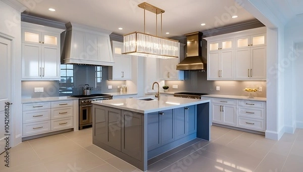 Fototapeta Sophisticated kitchen with opulent marble surfaces and contemporary decor elements