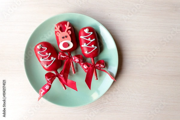 Fototapeta Flat lay of cake pops ice cream on a stick in red glaze with christmas picture on a plate background. Healthy homemade sweets. Party food. Top view. copy space