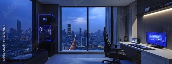 Obraz Gaming room with a white desk, a black gaming chair, and a large LED screen overlooking the city view of Bangkok from the window