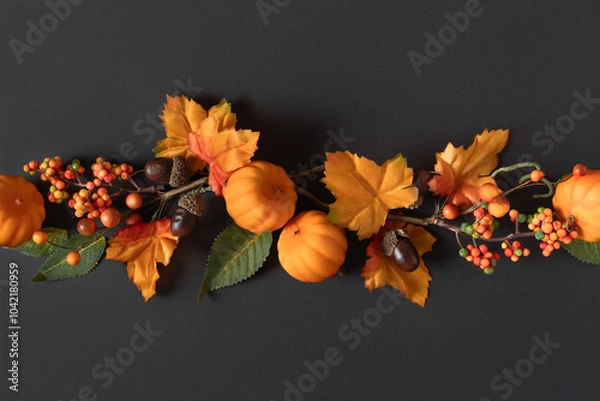 Fototapeta Lush colourful autumnal composition with leaves, twigs  and berries on the dark background.