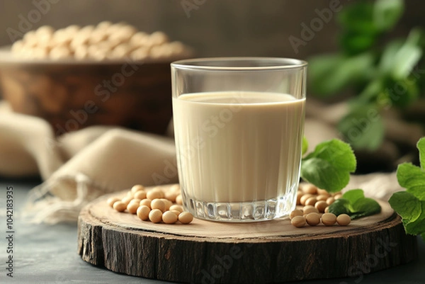 Obraz Creamy soy milk served in a clear glass on a rustic wooden board with soybeans and greens as decorative elements. Generative AI