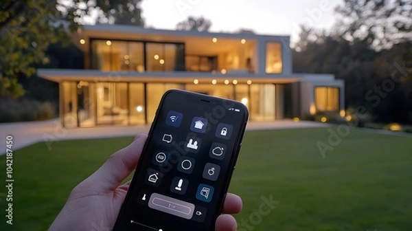 Fototapeta A photo of the exterior front view of a modern house with smart home features being controlled by someone holding their phone in one hand
