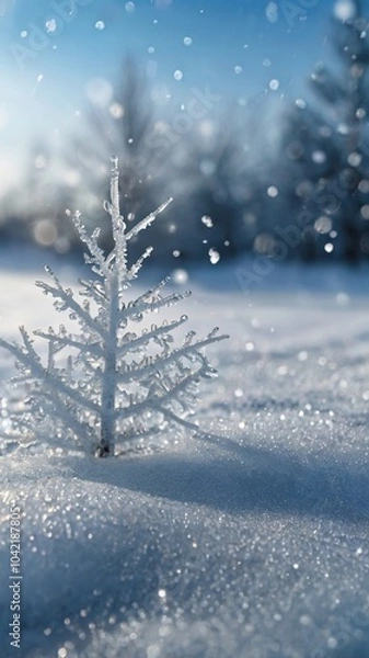 Fototapeta blurred winter landscape where snow gently falls, creating a frosty texture on the glass surface. The ethereal quality transforms the view into a soft, serene winter wonderland.

