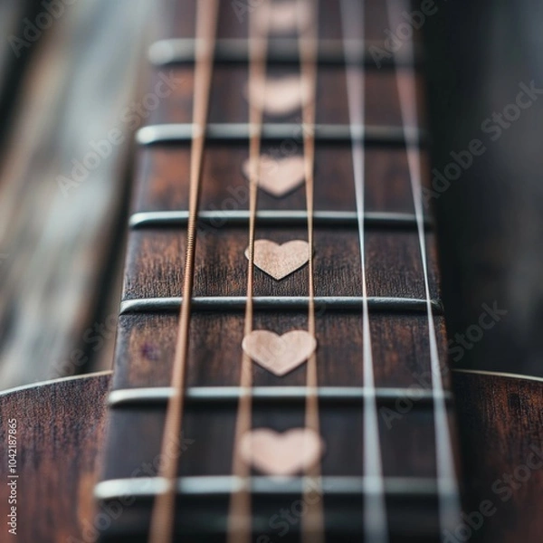 Obraz Close-Up of Guitar Neck Featuring Heart-Shaped Inlays on Strings - Modern Music and Instrument Photography
