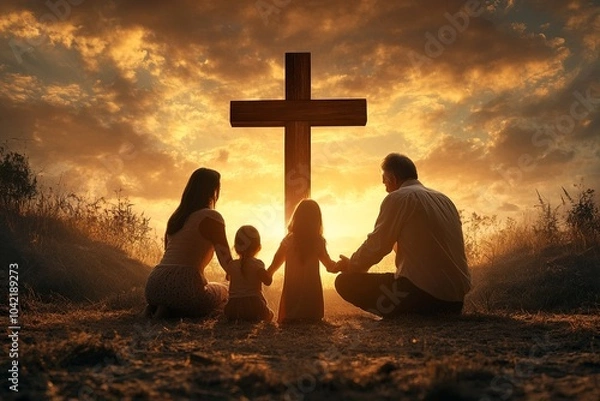 Fototapeta A family gathered in prayer before a cross, creating a heartfelt moment of faith and unity, symbolizing devotion and spiritual connection