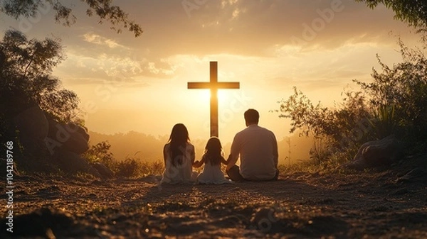Fototapeta A family gathered in prayer before a cross, creating a heartfelt moment of faith and unity, symbolizing devotion and spiritual connection