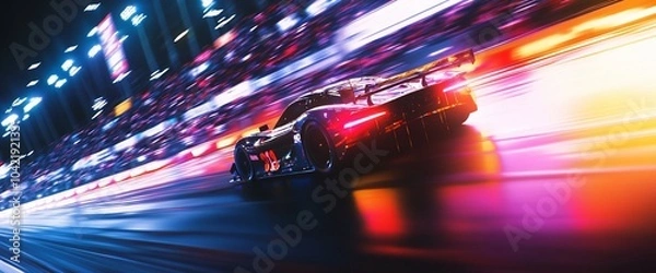 Obraz A blur of motion as a race car speeds down a track with lights and blurred spectators.