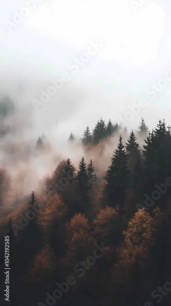 Obraz Fog rolling over the autumn mountains, with vibrant fall trees and mist-covered peaks, perfect for tranquil and atmospheric nature-themed stock imagery.