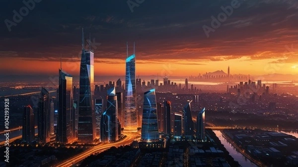 Fototapeta Aerial view of a futuristic city skyline at sunset.