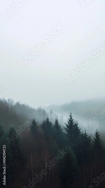 Fototapeta Misty autumn morning in the mountains, with colorful foliage and fog covering the peaks, creating a serene and calming atmosphere for visuals.