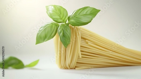 Fototapeta Bundle of raw spaghetti with basil leaves on light background.