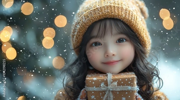 Fototapeta A child joyfully holds a mystical gift box on a snowy Christmas evening filled with lights

