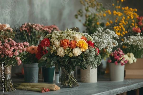 Obraz Colorful flower arrangements in a florist shop showcasing various blooms in pots and bouquets during daylight hours. Generative AI