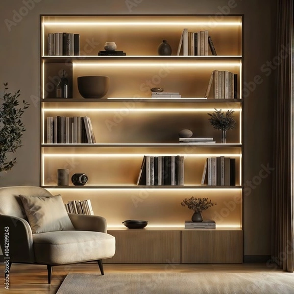 Fototapeta Cozy Reading Nook with LED Lighting. A cozy reading nook features a bookshelf illuminated by warm LED strip lights, creating a relaxing atmosphere.
